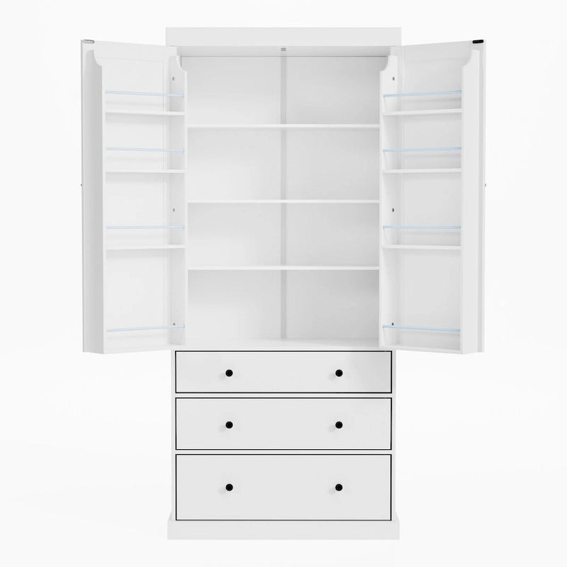 77" Tall Kitchen Pantry Cabinet - 3 Adjustable Shelves 8 Door Shelves 3 Drawers - Freestanding White MDF Storage Cupboard