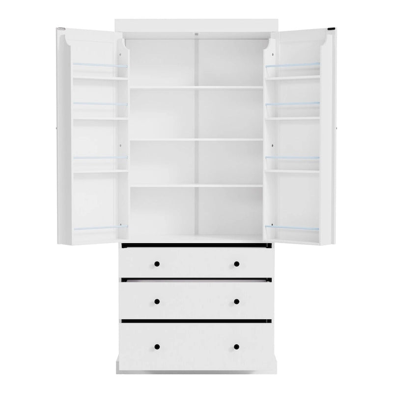 77" Tall Kitchen Pantry Cabinet - 3 Adjustable Shelves 8 Door Shelves 3 Drawers - Freestanding White MDF Storage Cupboard