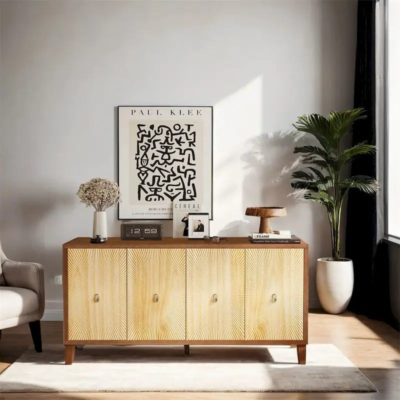 Vintage 4-Door Carved Buffet Sideboard Cabinet with Adjustable Shelves Solid Pine Doors Wood Legs 220lbs Capacity for Dining Living Kitchen