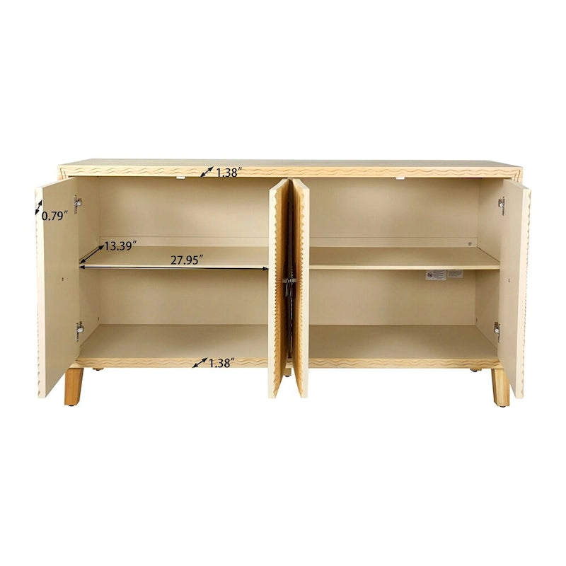 Vintage 4-Door Carved Buffet Sideboard Cabinet with Adjustable Shelves Solid Pine Doors Wood Legs 220lbs Capacity for Dining Living Kitchen