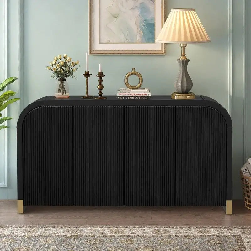 60" Curved Corner Sideboard Cabinet with 4 Wavy Doors 3 Adjustable Shelves MDF Pine Veneer Modern Storage for Living Room Dining Entryway