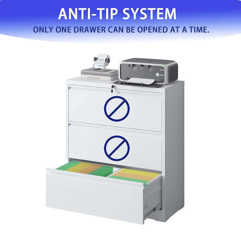 Lockable 3-Drawer Lateral File Cabinet Steel 330lb Capacity Full Extension Ball Bearing Legal A4 F4
