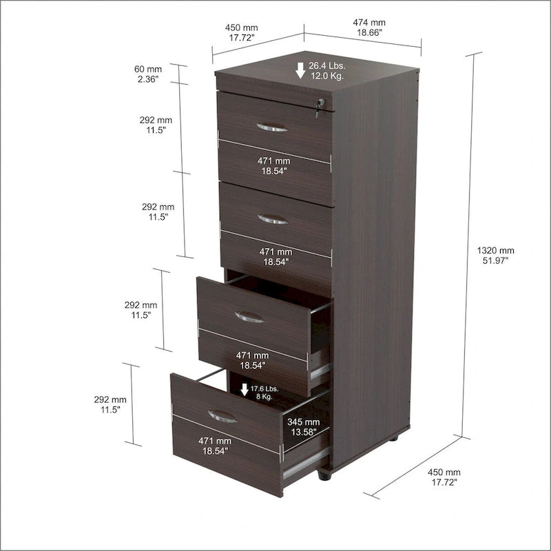 Espresso 4-Drawer File Cabinet 52"H Melamine Engineered Wood Contemporary Office Storage Scratch Resistant