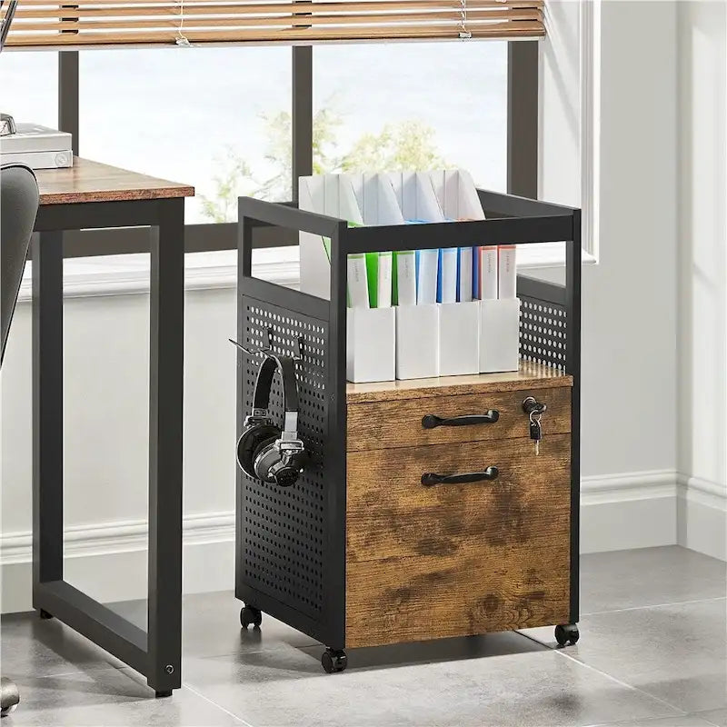 Mobile File Cabinet with 2 Drawers - Rolling Office Storage Cart with Open Shelf, Lockable Drawer, A4 Letter Hanging Bars - 16.5" x 27.5"