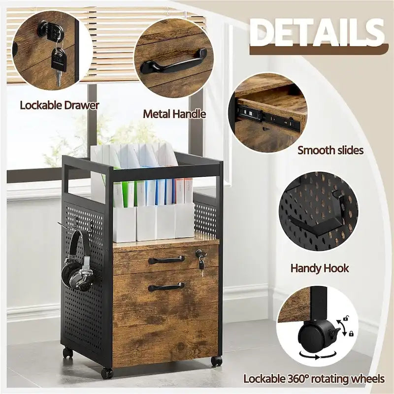 Mobile File Cabinet with 2 Drawers - Rolling Office Storage Cart with Open Shelf, Lockable Drawer, A4 Letter Hanging Bars - 16.5" x 27.5"