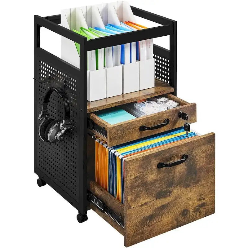Mobile File Cabinet with 2 Drawers - Rolling Office Storage Cart with Open Shelf, Lockable Drawer, A4 Letter Hanging Bars - 16.5" x 27.5"