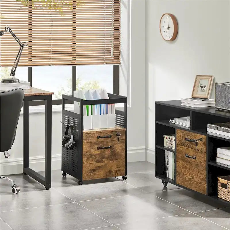 Mobile File Cabinet with 2 Drawers - Rolling Office Storage Cart with Open Shelf, Lockable Drawer, A4 Letter Hanging Bars - 16.5" x 27.5"