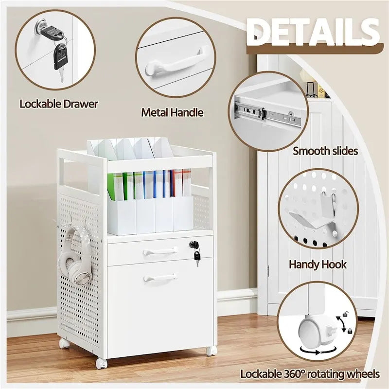 Mobile File Cabinet with 2 Drawers - Rolling Office Storage Cart with Open Shelf, Lockable Drawer, A4 Letter Hanging Bars - 16.5" x 27.5"