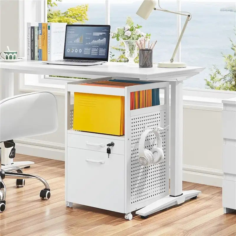 Mobile File Cabinet with 2 Drawers - Rolling Office Storage Cart with Open Shelf, Lockable Drawer, A4 Letter Hanging Bars - 16.5" x 27.5"