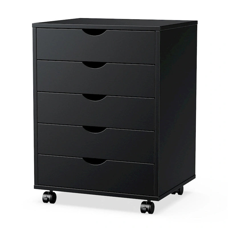 5 Drawer Wood Storage Cabinet with Wheels - 25" Rolling Dresser Chest - MDF Metal Slides - Bedroom Office Organizer - Black/White
