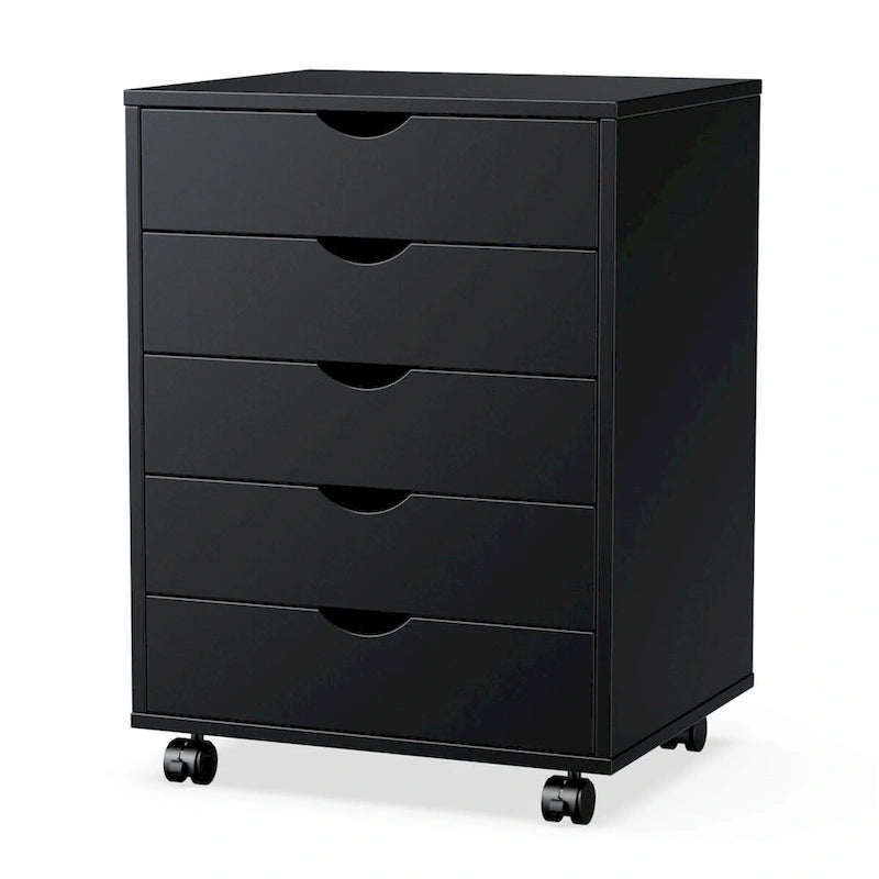 5 Drawer Wood Storage Cabinet with Wheels - 25" Rolling Dresser Chest - MDF Metal Slides - Bedroom Office Organizer - Black/White