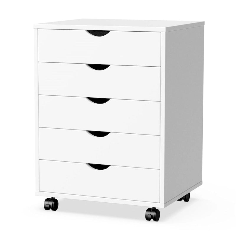 5 Drawer Wood Storage Cabinet with Wheels - 25" Rolling Dresser Chest - MDF Metal Slides - Bedroom Office Organizer - Black/White