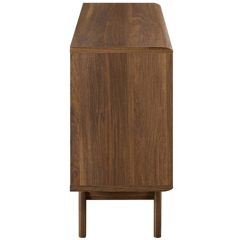 37" Mid-Century Display Stand - 2 Slatted Sliding Doors - Walnut Grain Veneer - 4 Storage Spaces - Tapered Legs Sideboard Cabinet
