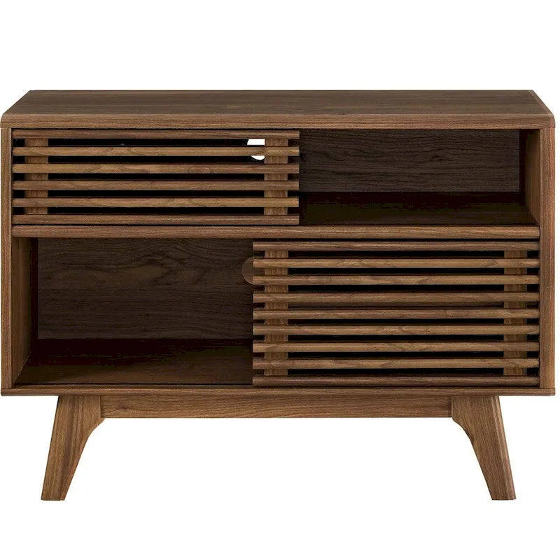 37" Mid-Century Display Stand - 2 Slatted Sliding Doors - Walnut Grain Veneer - 4 Storage Spaces - Tapered Legs Sideboard Cabinet