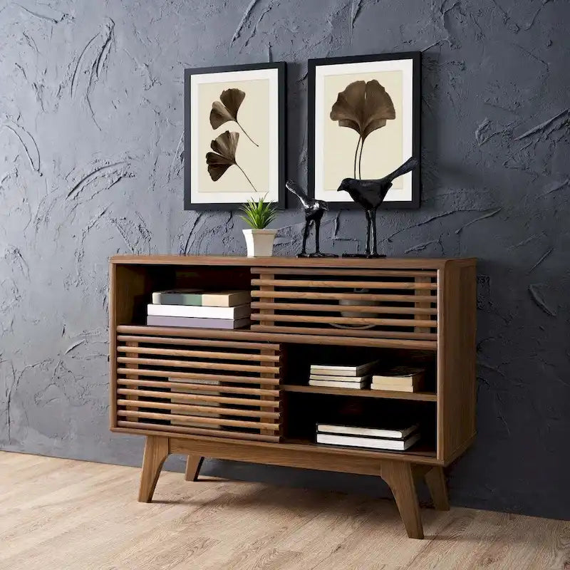 37" Mid-Century Display Stand - 2 Slatted Sliding Doors - Walnut Grain Veneer - 4 Storage Spaces - Tapered Legs Sideboard Cabinet