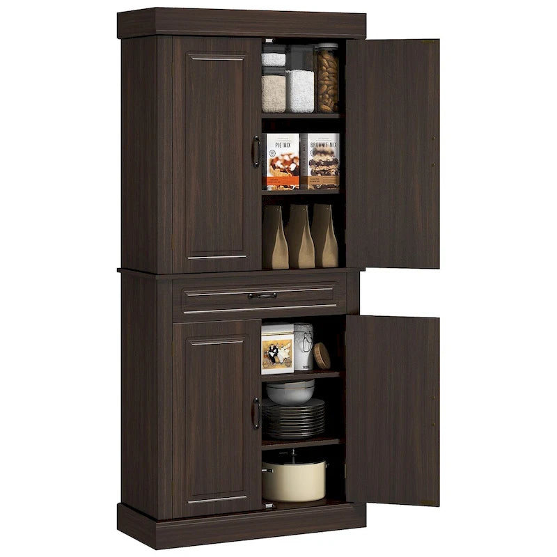 Tall Kitchen Pantry Cabinet 71"H 4 Doors 1 Drawer Wood Grain Anti-Tip 31.5"W x 13.75"D Freestanding