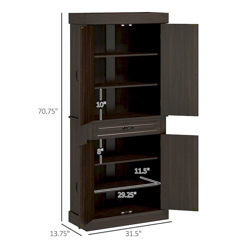 Tall Kitchen Pantry Cabinet 71"H 4 Doors 1 Drawer Wood Grain Anti-Tip 31.5"W x 13.75"D Freestanding