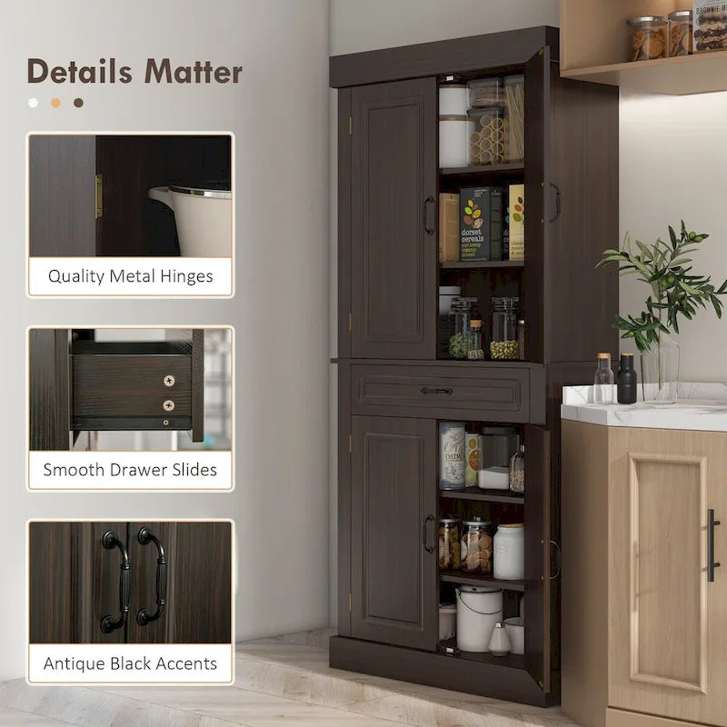 Tall Kitchen Pantry Cabinet 71"H 4 Doors 1 Drawer Wood Grain Anti-Tip 31.5"W x 13.75"D Freestanding