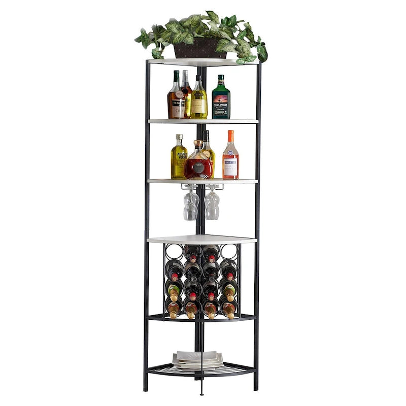 Corner Wine Rack with 16-Bottle Capacity - 4 Oak Wood Shelves, 2 Stemware Holders, Wire Storage - Space-Saving Bar Cabinet, White Finish