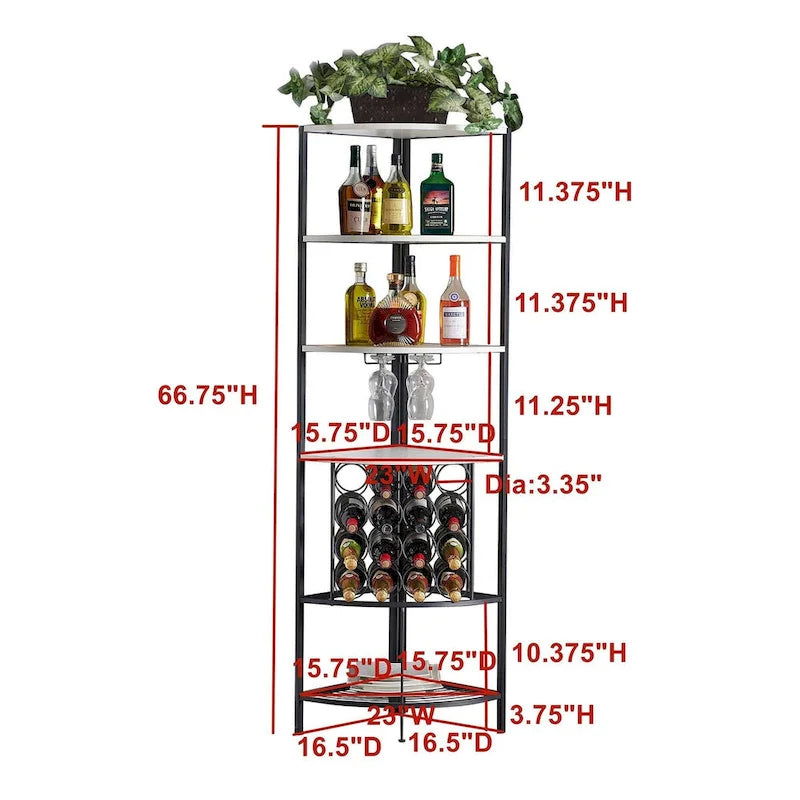 Corner Wine Rack with 16-Bottle Capacity - 4 Oak Wood Shelves, 2 Stemware Holders, Wire Storage - Space-Saving Bar Cabinet, White Finish