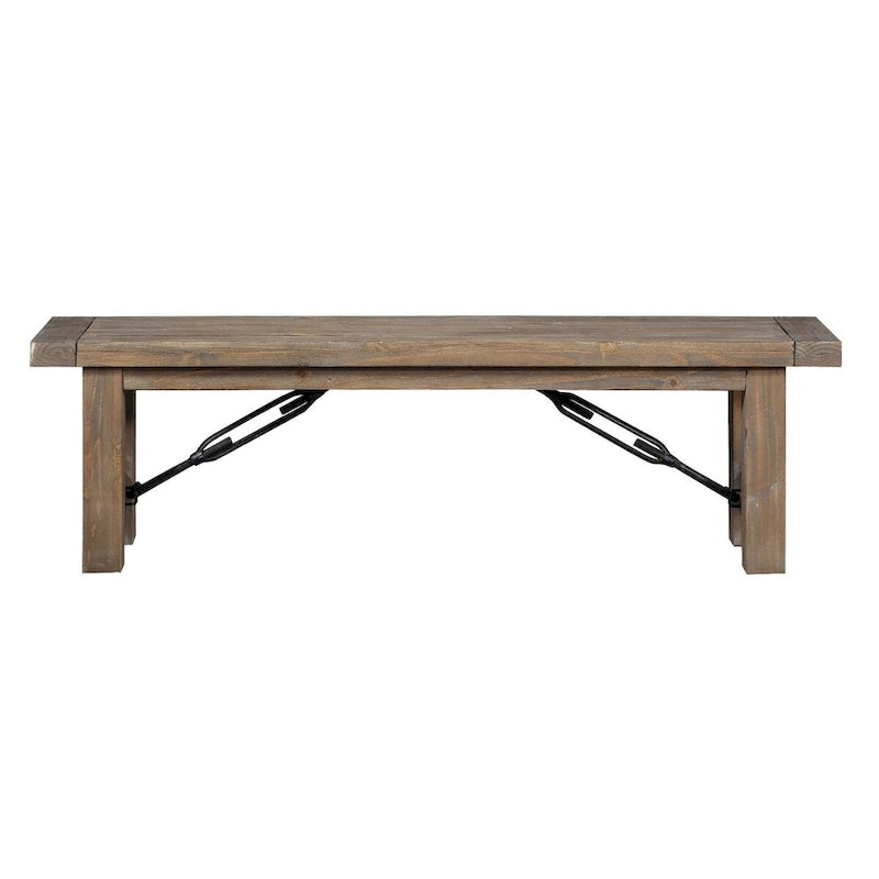 Acacia Wood Dining Bench 62"W x 18"H - Thick Block Legs, Metal Stretchers, Brown Finish, Seats 2-3 People
