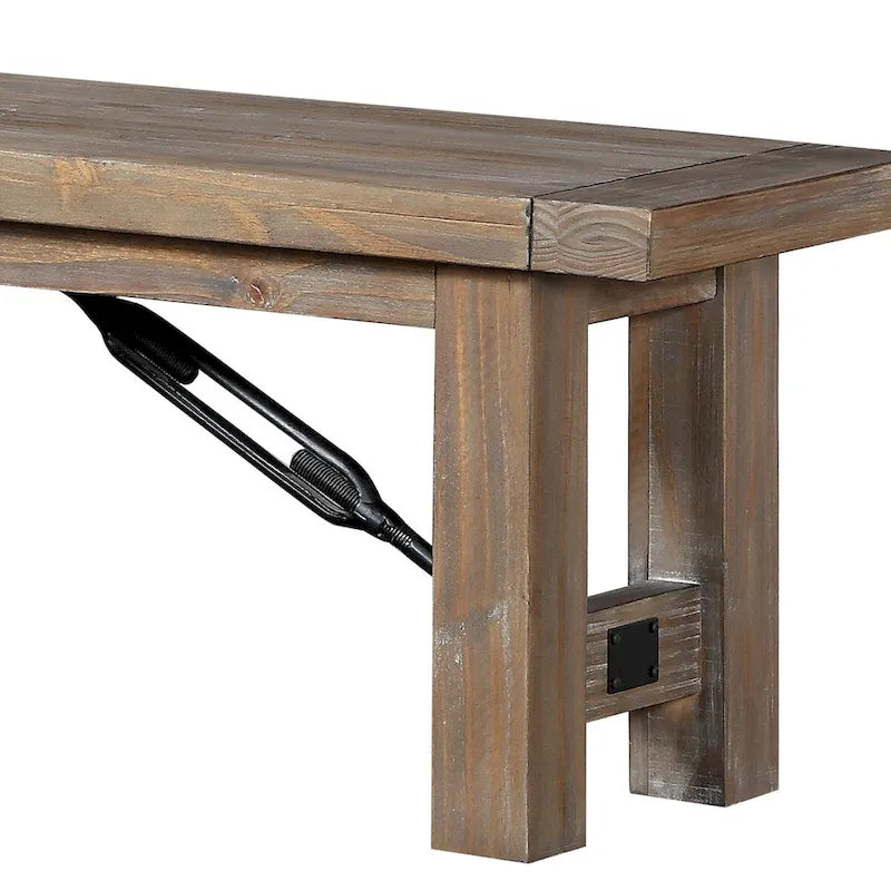 Acacia Wood Dining Bench 62"W x 18"H - Thick Block Legs, Metal Stretchers, Brown Finish, Seats 2-3 People