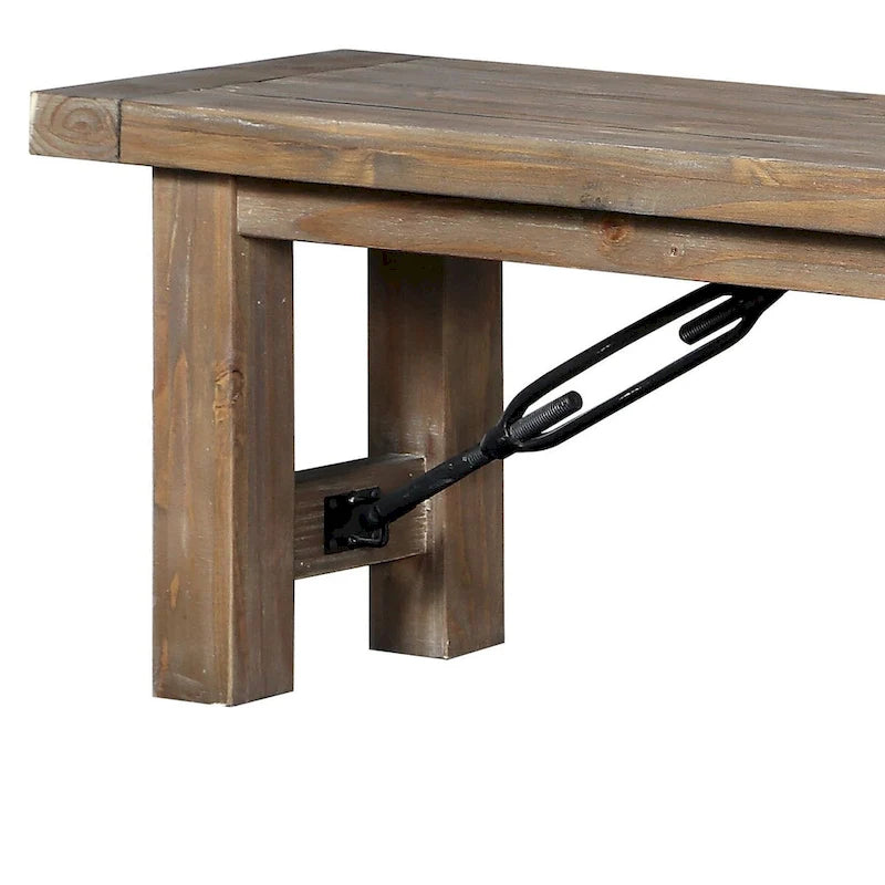 Acacia Wood Dining Bench 62"W x 18"H - Thick Block Legs, Metal Stretchers, Brown Finish, Seats 2-3 People