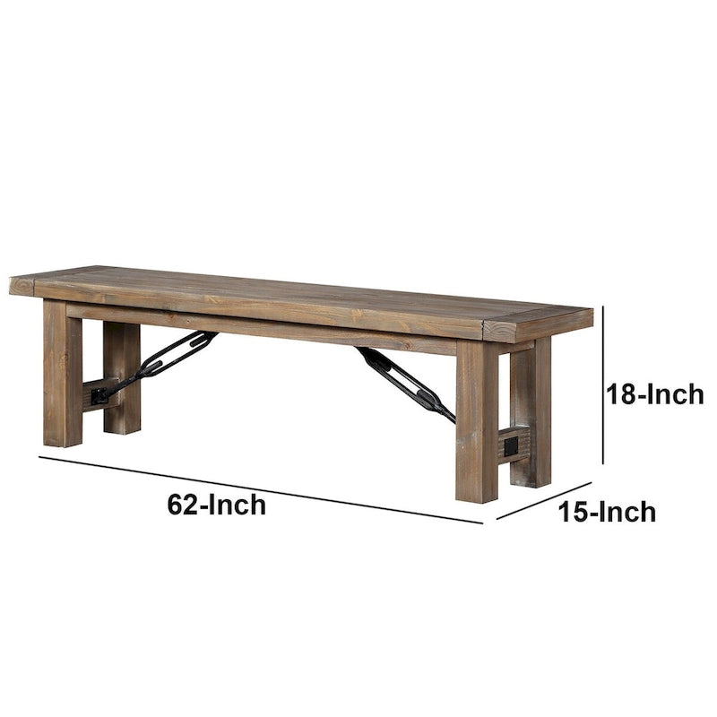Acacia Wood Dining Bench 62"W x 18"H - Thick Block Legs, Metal Stretchers, Brown Finish, Seats 2-3 People