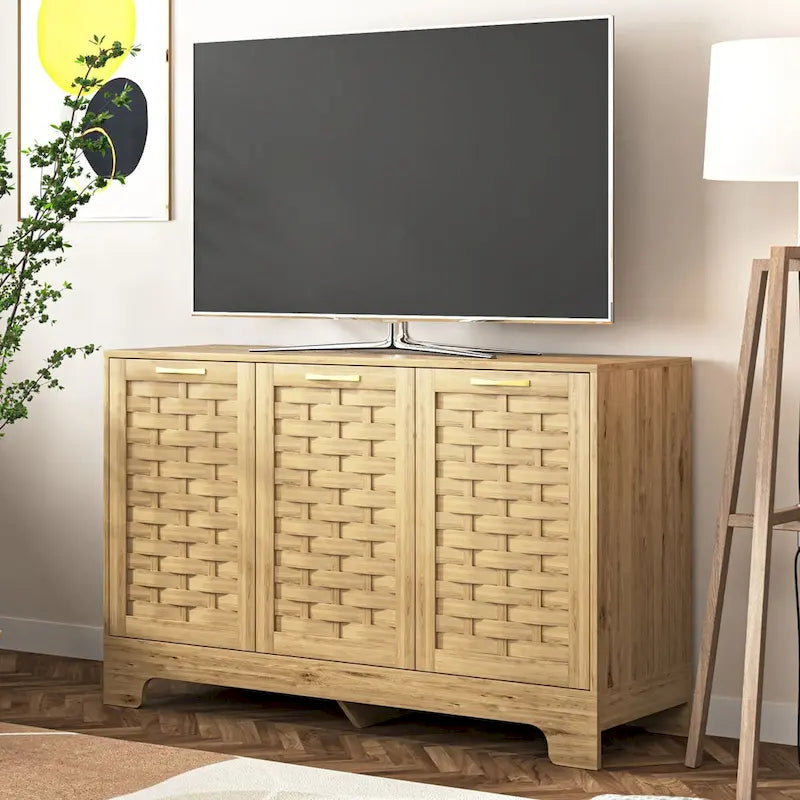 Mid-Century Wood Sideboard Buffet 3 Doors Adjustable Shelf Woven Design Gold Handle Anti-Tip Storage