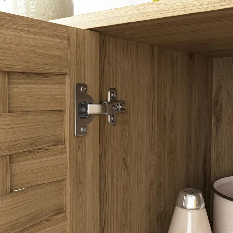 Mid-Century Wood Sideboard Buffet 3 Doors Adjustable Shelf Woven Design Gold Handle Anti-Tip Storage