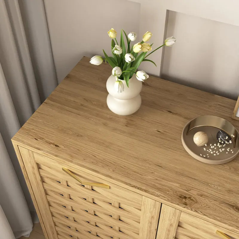 Mid-Century Wood Sideboard Buffet 3 Doors Adjustable Shelf Woven Design Gold Handle Anti-Tip Storage