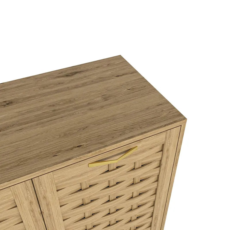 Mid-Century Wood Sideboard Buffet 3 Doors Adjustable Shelf Woven Design Gold Handle Anti-Tip Storage