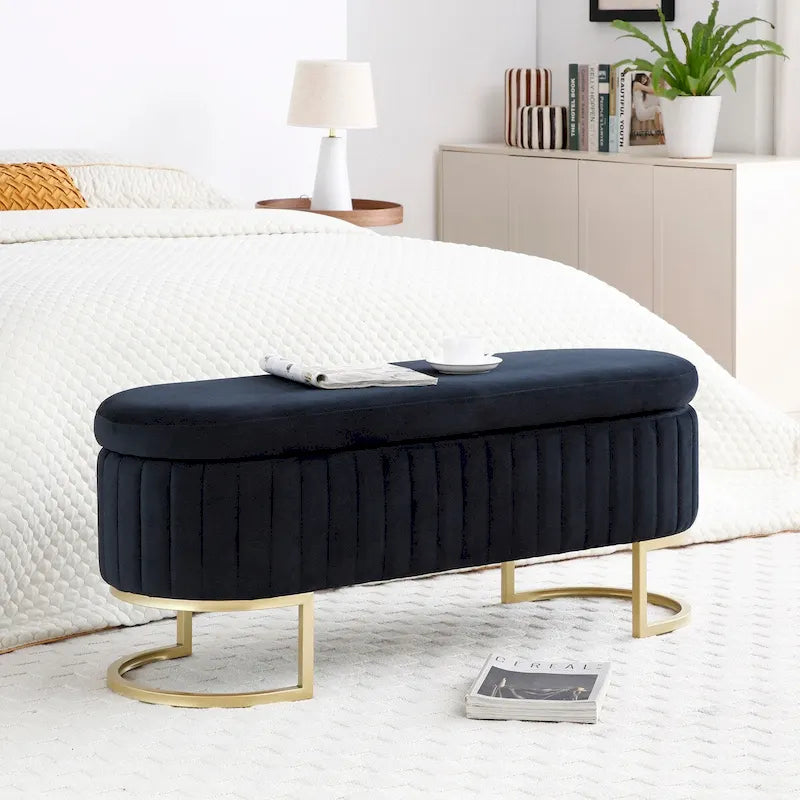 47.6" Sherpa Fabric Storage Bench - Oval Ottoman with Split Lift-Top, Gold Metal Legs, High-Density Foam - Multi-Functional Bedroom Seat