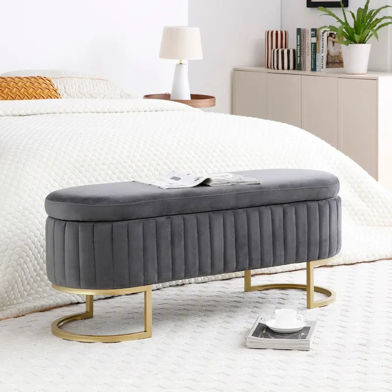 47.6" Sherpa Fabric Storage Bench - Oval Ottoman with Split Lift-Top, Gold Metal Legs, High-Density Foam - Multi-Functional Bedroom Seat