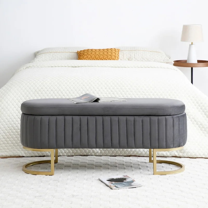 47.6" Sherpa Fabric Storage Bench - Oval Ottoman with Split Lift-Top, Gold Metal Legs, High-Density Foam - Multi-Functional Bedroom Seat