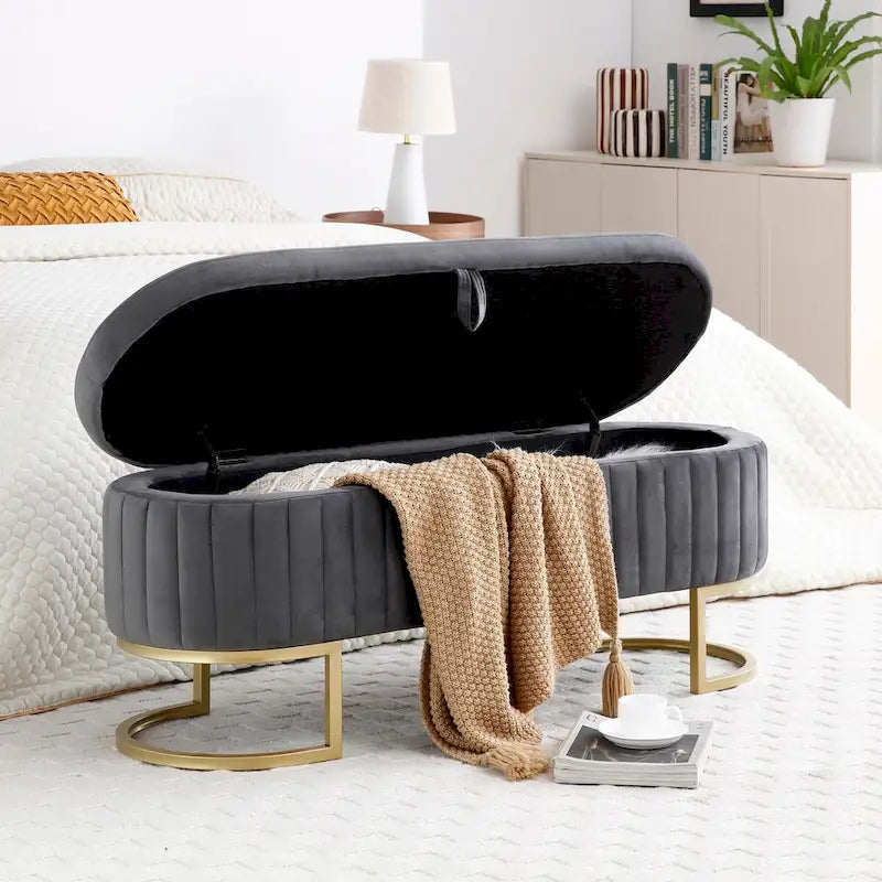 47.6" Sherpa Fabric Storage Bench - Oval Ottoman with Split Lift-Top, Gold Metal Legs, High-Density Foam - Multi-Functional Bedroom Seat
