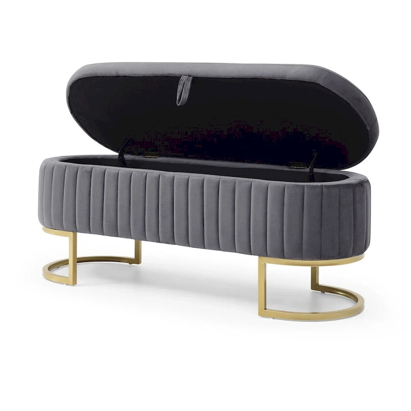 47.6" Sherpa Fabric Storage Bench - Oval Ottoman with Split Lift-Top, Gold Metal Legs, High-Density Foam - Multi-Functional Bedroom Seat