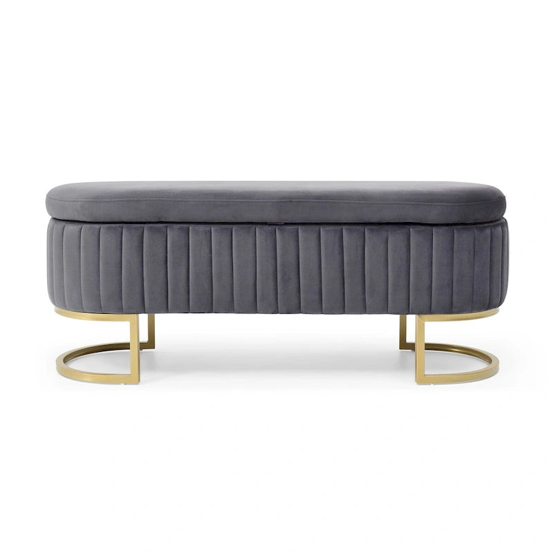 47.6" Sherpa Fabric Storage Bench - Oval Ottoman with Split Lift-Top, Gold Metal Legs, High-Density Foam - Multi-Functional Bedroom Seat