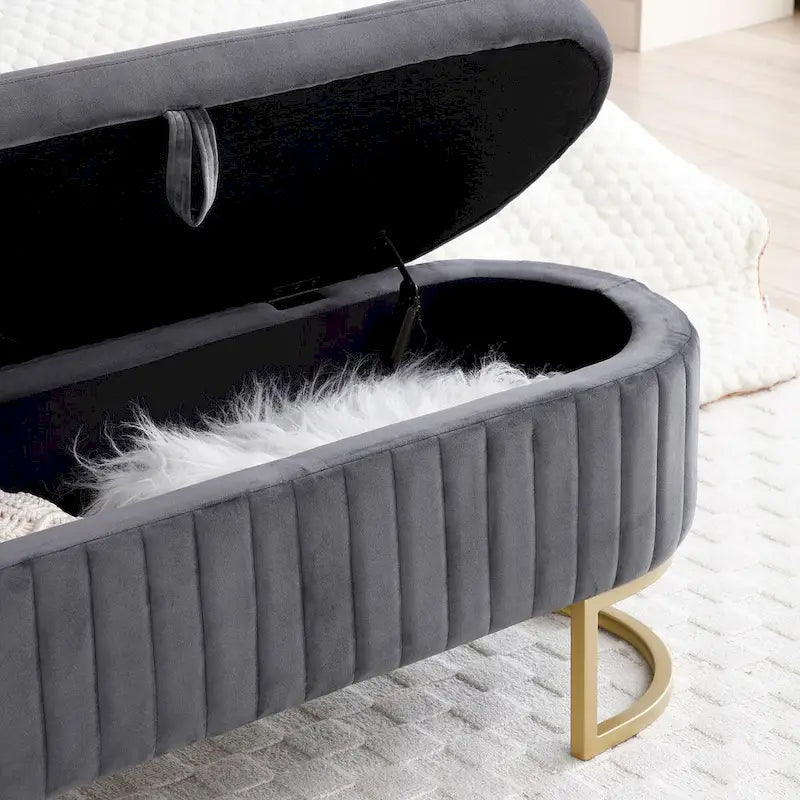 47.6" Sherpa Fabric Storage Bench - Oval Ottoman with Split Lift-Top, Gold Metal Legs, High-Density Foam - Multi-Functional Bedroom Seat