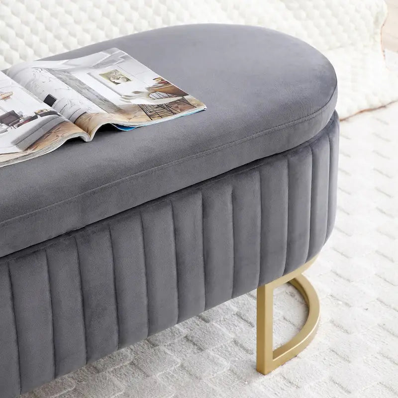 47.6" Sherpa Fabric Storage Bench - Oval Ottoman with Split Lift-Top, Gold Metal Legs, High-Density Foam - Multi-Functional Bedroom Seat
