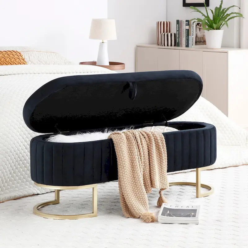 47.6" Sherpa Fabric Storage Bench - Oval Ottoman with Split Lift-Top, Gold Metal Legs, High-Density Foam - Multi-Functional Bedroom Seat