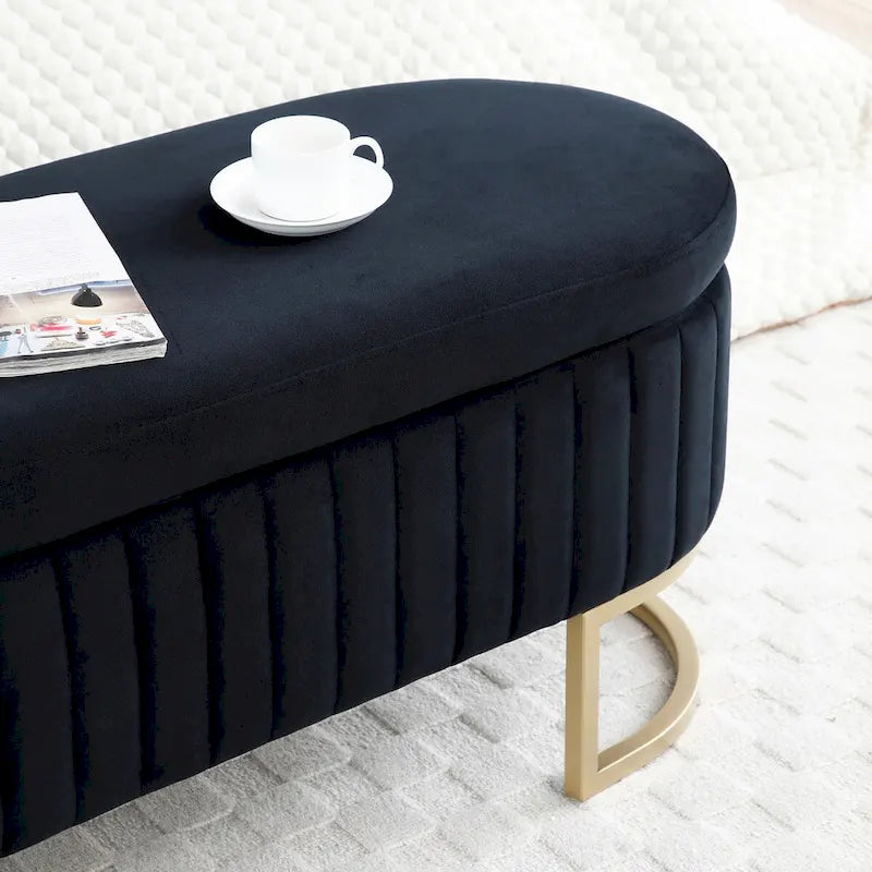 47.6" Sherpa Fabric Storage Bench - Oval Ottoman with Split Lift-Top, Gold Metal Legs, High-Density Foam - Multi-Functional Bedroom Seat