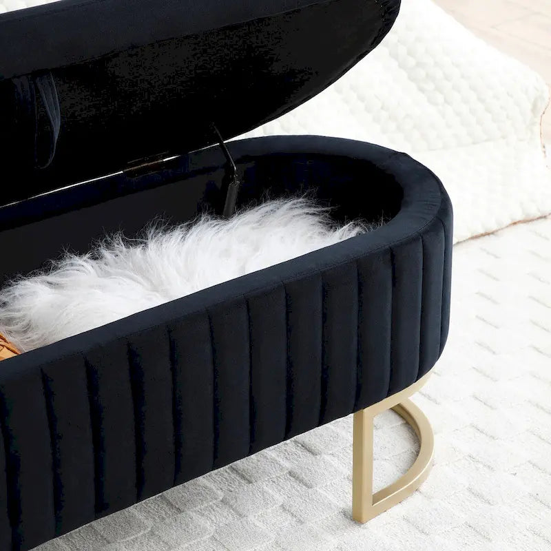 47.6" Sherpa Fabric Storage Bench - Oval Ottoman with Split Lift-Top, Gold Metal Legs, High-Density Foam - Multi-Functional Bedroom Seat