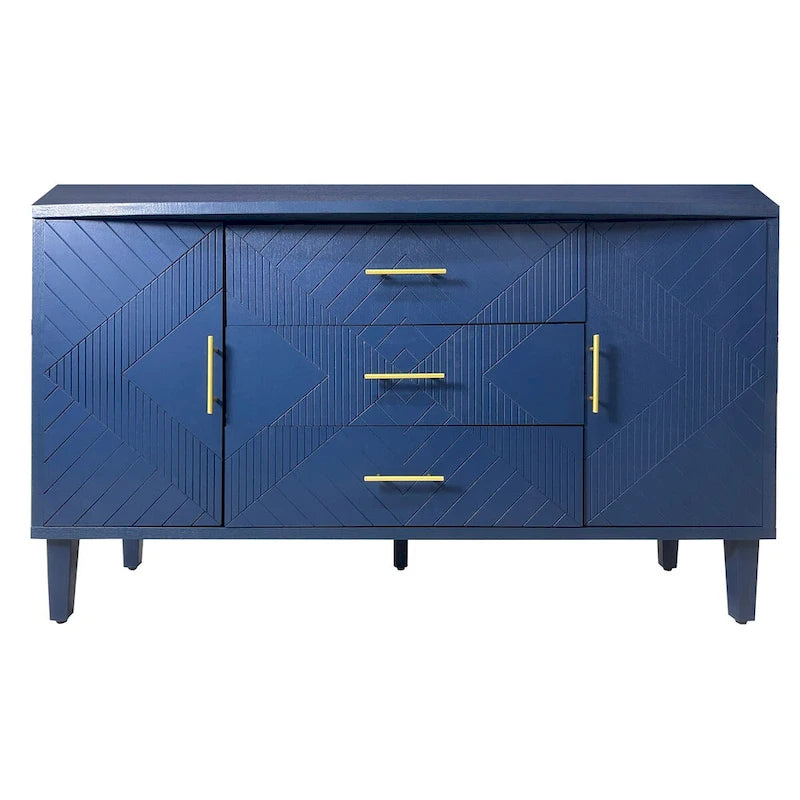 Carved Sideboard Cabinet with 2 Doors & 3 Drawers - MDF Wood Veneer Buffet with Curved Top, Zinc Alloy Handles, Adjustable Shelves