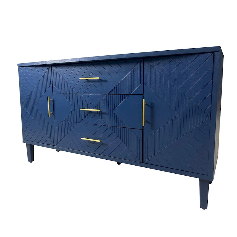 Carved Sideboard Cabinet with 2 Doors & 3 Drawers - MDF Wood Veneer Buffet with Curved Top, Zinc Alloy Handles, Adjustable Shelves