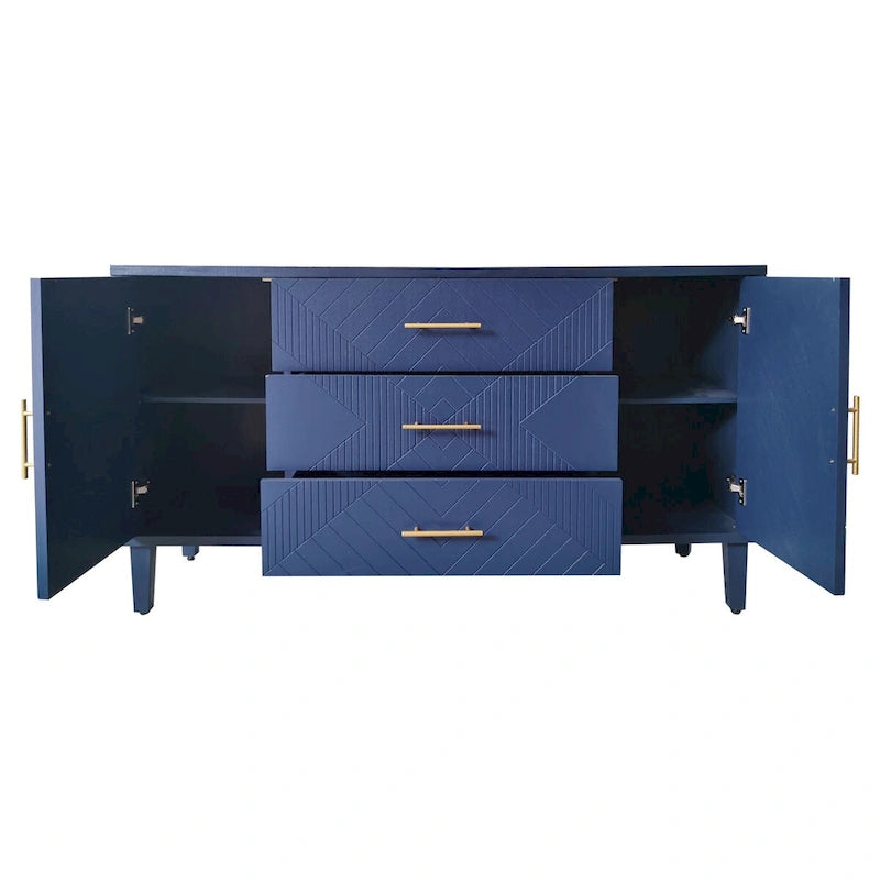 Carved Sideboard Cabinet with 2 Doors & 3 Drawers - MDF Wood Veneer Buffet with Curved Top, Zinc Alloy Handles, Adjustable Shelves