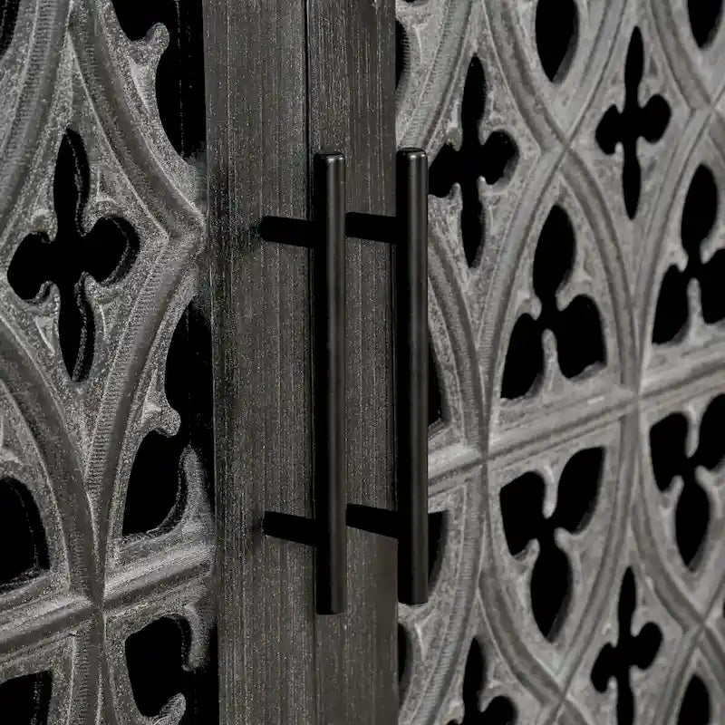 4 Door Hollow Carved Floral Sideboard Buffet - Antique Pine Veneer MDF Cabinet with Adjustable Shelves - Farmhouse Storage Furniture