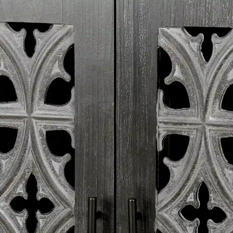 4 Door Hollow Carved Floral Sideboard Buffet - Antique Pine Veneer MDF Cabinet with Adjustable Shelves - Farmhouse Storage Furniture