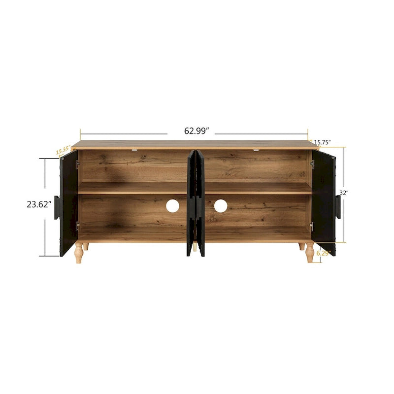 Vintage White Carved Door TV Stand Cabinet Black Frame Adjustable Shelves Multi-Functional Sideboard