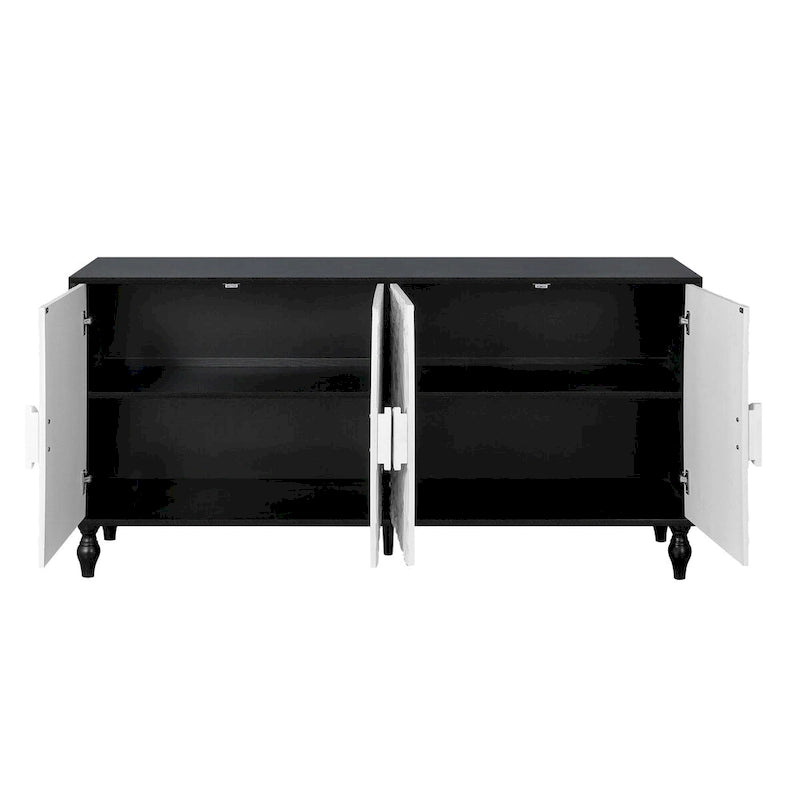 Vintage White Carved Door TV Stand Cabinet Black Frame Adjustable Shelves Multi-Functional Sideboard